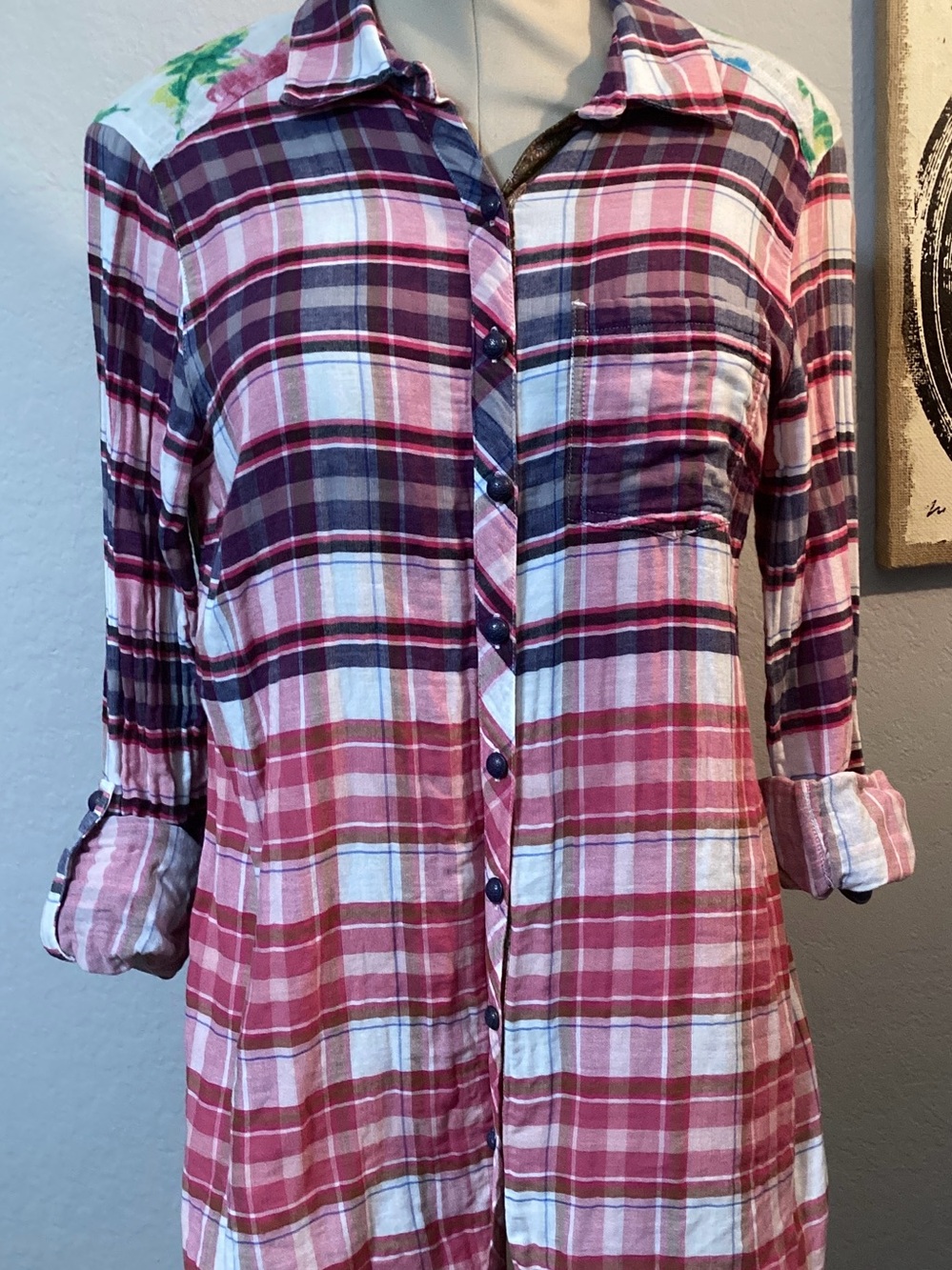 John Mark Pink and Purple Plaid Button-Down Top appliqué back size  small